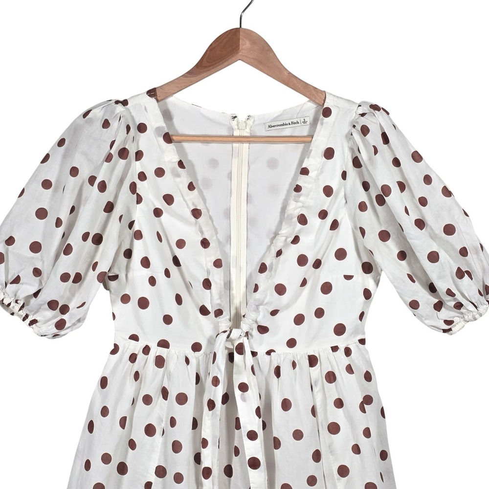Abercrombie & Fitch Cinch front Mini Dress Size Small White Brown Polka Dot - Picture 4 of 8